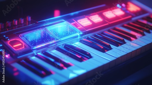 Futuristic synthesizer keyboard illuminated with neon lights.