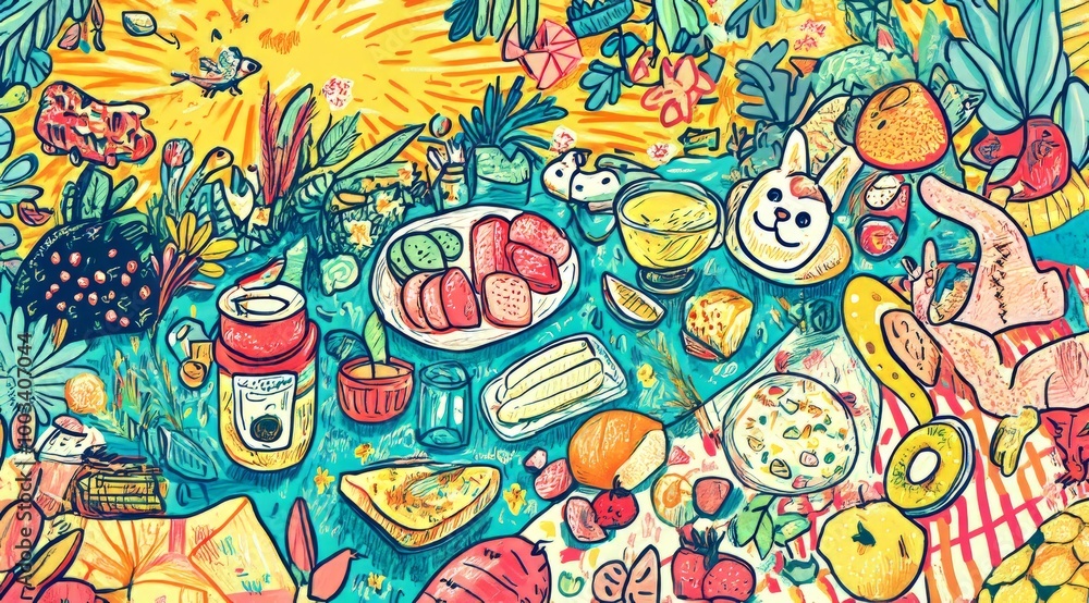Fototapeta premium Vibrant Picnic Scene With Fresh Food and Nature Elements
