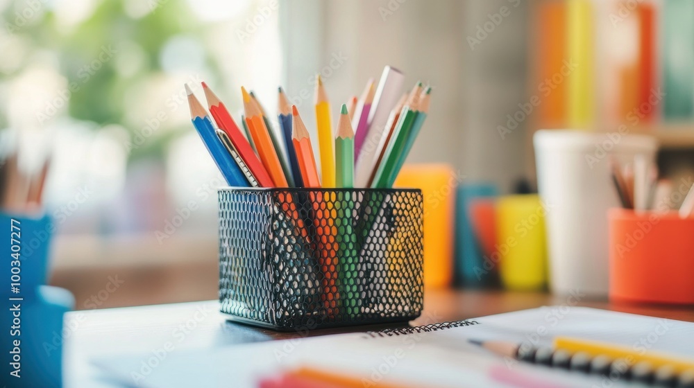 Show a close-up of a desk with a neat arrangement of student supplies like pencils, notebooks, and a desk organizer, emphasizing readiness for school Show a close-up of a desk with a neat arrangement of student supplies like pencils, notebooks, and a desk organizer, emphasizing readiness for school