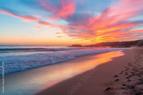 Stunning sunset over the ocean with pink and orange clouds.