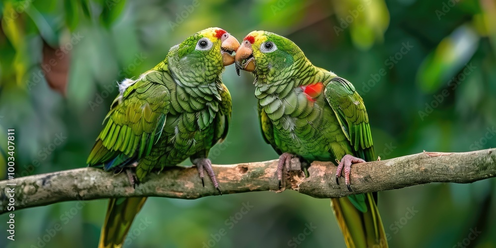 Obraz premium Two green parrots close together on a tree branch, displaying natural behaviors such as kissing and feeding in an outdoor environment.