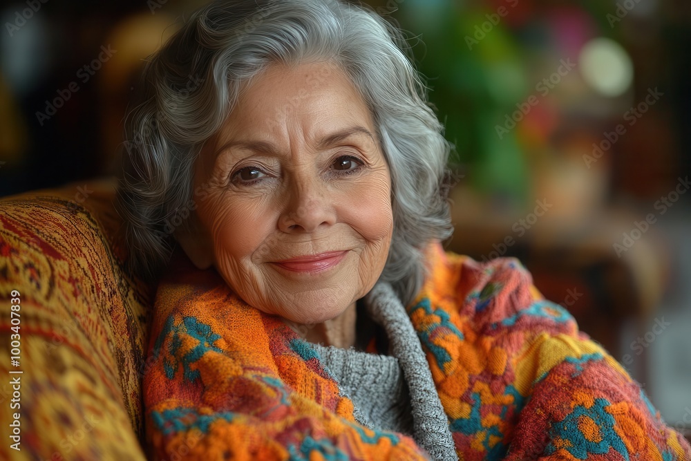 joyful senior latin woman smiling warmly surrounded by a bright and cozy nursing home setting reflecting happiness and contentment in her eyes as she engages with her surroundings joyful senior latin woman smiling warmly surrounded by a bright and cozy nursing home setting reflecting happiness and contentment in her eyes as she engages with her surroundings