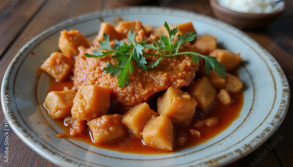 Stewed yams with sauce and parsley garnish
Stewed yams with sauce and parsley garnish