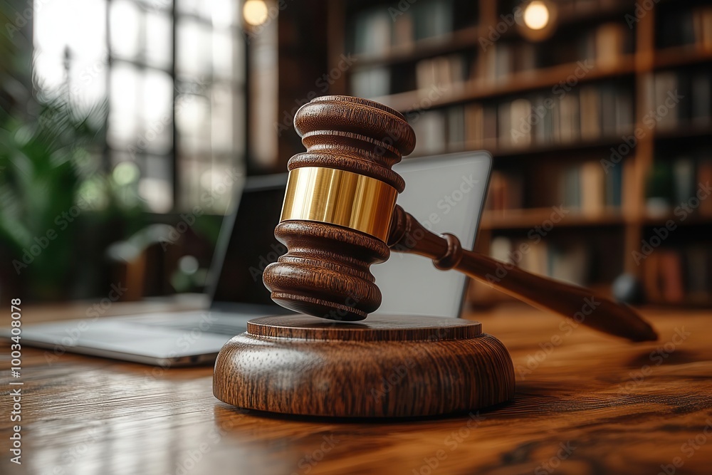 legal technology concept with a judges gavel resting on a desk alongside a laptop symbolizing the fusion of law and technology in modern legal practices legal technology concept with a judges gavel resting on a desk alongside a laptop symbolizing the fusion of law and technology in modern legal practices