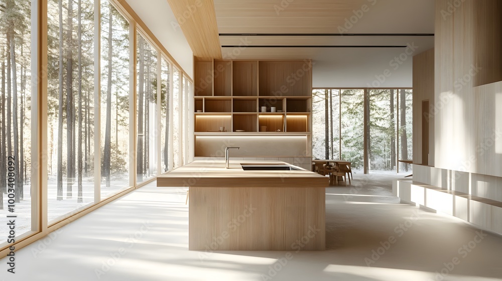 Modern kitchen with wooden cabinets and large windows overlooking a snowy forest. Modern kitchen with wooden cabinets and large windows overlooking a snowy forest.
