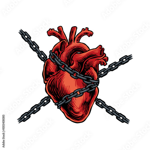 hand drawn illustration of a heart wrapped in a chain