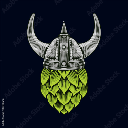 Colorful illustration of hops with viking helmet hand drawn