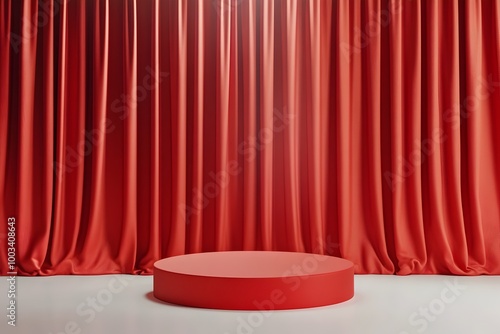 Stunning Red Velvet Podium with Theatrical Curtains and Spotlight in 3D Rendering