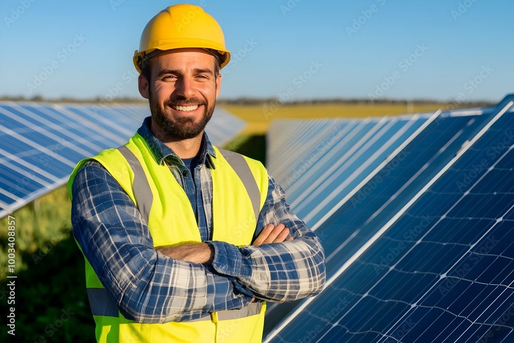 Renewable Energy Engineer Inspects Solar Farm with Pride and Confidence Renewable Energy Engineer Inspects Solar Farm with Pride and Confidence