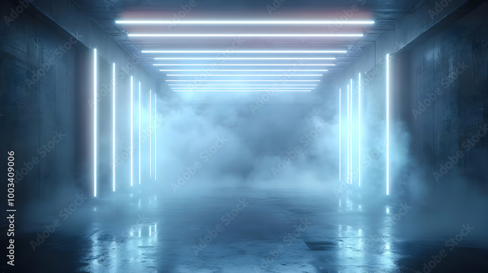Futuristic Neon Lights in a Foggy Hallway 3D Illustration Futuristic Neon Lights in a Foggy Hallway 3D Illustration