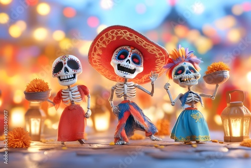 Vibrant Skeletal Dancers Celebrate Day of the Dead Carnival in Mexico