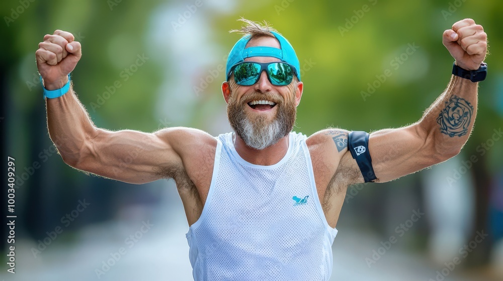 Happy Runner with Blue Cap and Sunglasses Celebrating Success Happy Runner with Blue Cap and Sunglasses Celebrating Success