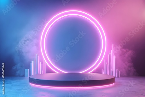 Sleek Glossy Black Podium with Vibrant Neon Lights and Futuristic City Backdrop