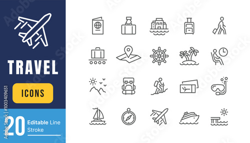 Set of Travel Related Vector Line Icons. Contains such Icons as Luggage, Passport, Sunglasses and more. Editable Stroke.