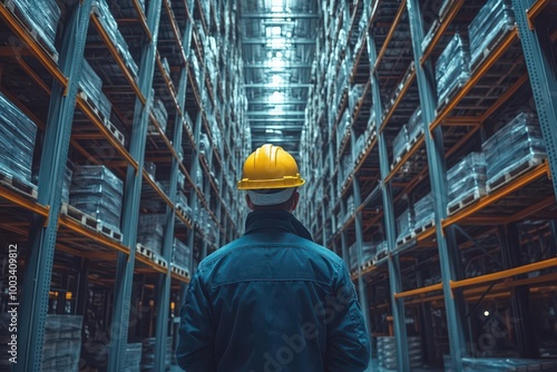 male worker in hard hat efficiently navigating a retail warehouse filled with shelves showcasing professionalism and organization in logistics and distribution