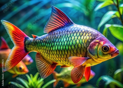 A breathtaking close-up of a glass barb fish reveals its vibrant colors and exquisite fin details, set against an enchanting underwater backdrop.