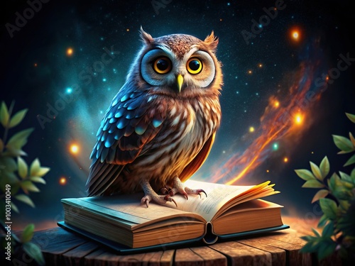 Wallpaper Mural A charming owl sits atop a book in a dimly lit setting, creating a magical atmosphere with its whimsical 3D rendering, evoking imagination and wonder. Torontodigital.ca