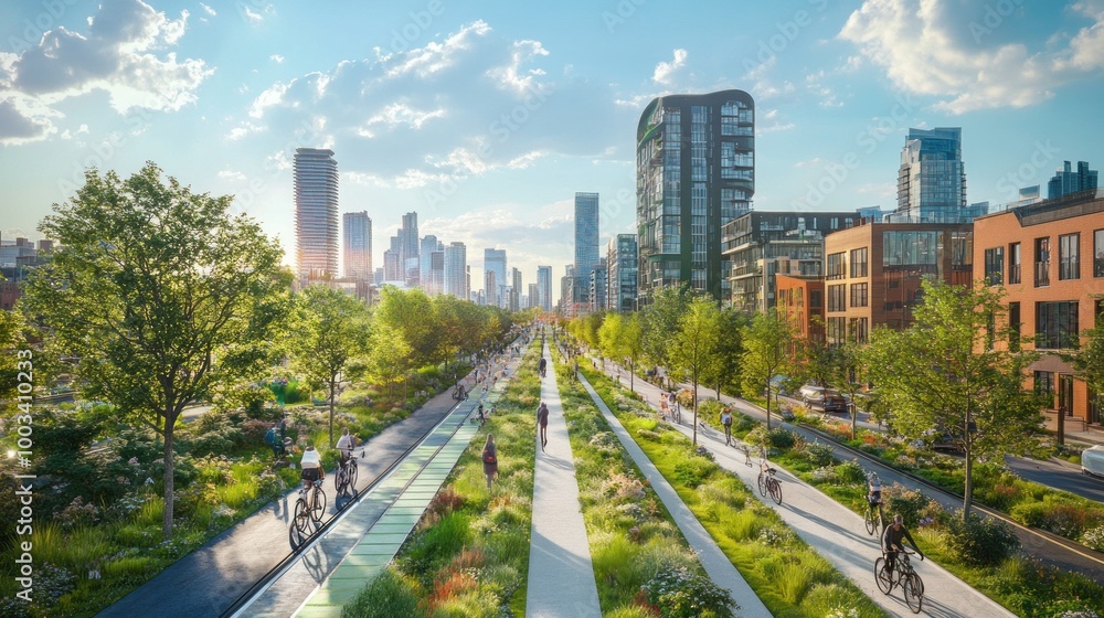 Capture a cityscape with green spaces, bike lanes, and sustainable infrastructure, illustrating eco-friendly urban planning Capture a cityscape with green spaces, bike lanes, and sustainable infrastructure, illustrating eco-friendly urban planning