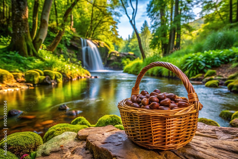 A chocolate indulgence basket positioned by a peaceful stream, enveloped by verdant greenery, inviting you to savor nature’s beauty alongside delightful, sweet treats. A chocolate indulgence basket positioned by a peaceful stream, enveloped by verdant greenery, inviting you to savor nature’s beauty alongside delightful, sweet treats.