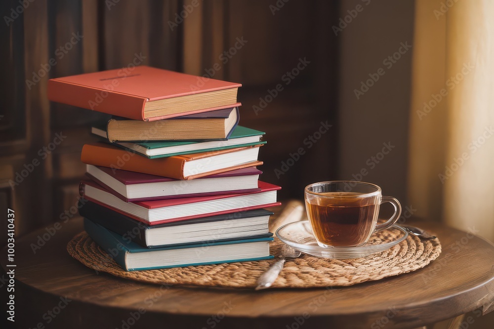 Stack of Books and Tea Cup on Wooden Table. Stack of Books and Tea Cup on Wooden Table.