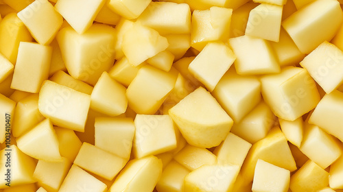 a close-up, top-down view of diced pears spread across the entire frame, filling the image with their pale yellow color and smooth texture in uniform cubes