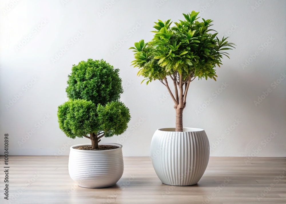 A front-facing view showcases a contemporary potted vase filled with indoor plants, prominently displaying two trees against a clean white background. A front-facing view showcases a contemporary potted vase filled with indoor plants, prominently displaying two trees against a clean white background.