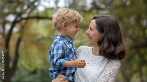 Mother and Son Sharing a Moment of Affection in a Park.