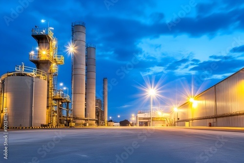 Moody Industrial Landscape at Twilight Rugged Utilitarian Structures and Eerie Fading Light Convey Post Industrial Decay