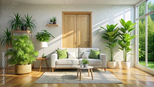 A minimalist wooden door opens to a bright living area, featuring a white sofa and lush green houseplant, all bathed in warm natural light.