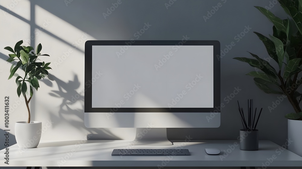 3D Minimal desktop with blank screen mockup, Empty screen for text, and logo replacement concept. 3d render illustration. 3D Minimal desktop with blank screen mockup, Empty screen for text, and logo replacement concept. 3d render illustration.