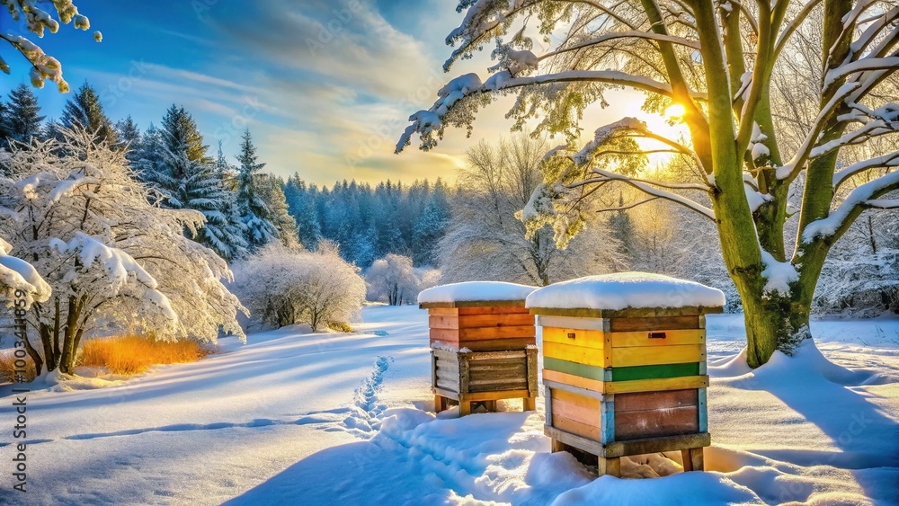 Naklejka premium A serene winter scene features a beehive in Germany, blanketed by snow and frost, nestled within a tranquil, picturesque landscape of nature.