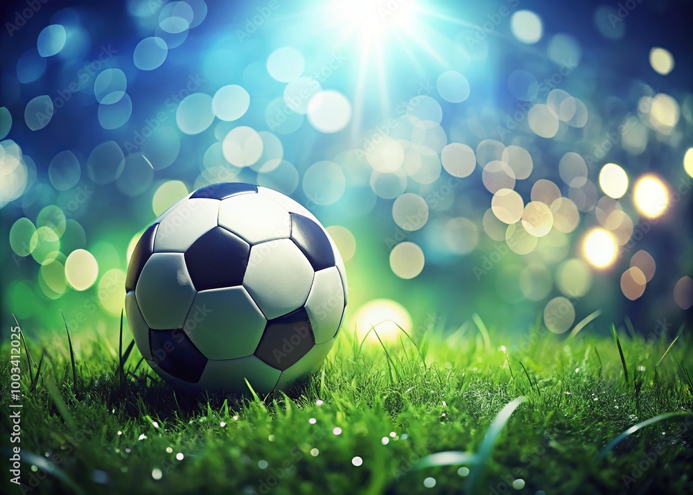 Naklejka premium A soccer ball rests on vibrant green grass, surrounded by enchanting bokeh lights that weave a dreamy atmosphere, blending nature and sport in perfect harmony.