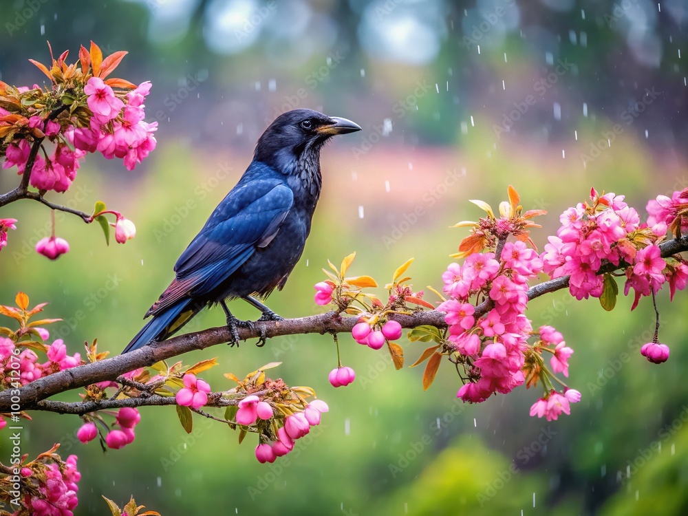 A solitary raven rests on a blooming branch, silhouetted against the rainy backdrop, embodying the quiet elegance and solitude of nature's embrace. A solitary raven rests on a blooming branch, silhouetted against the rainy backdrop, embodying the quiet elegance and solitude of nature's embrace.