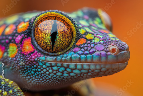A close-up of the eye and head, showing colorful patterns on its skin, like spots or stripes in various colors such as orange