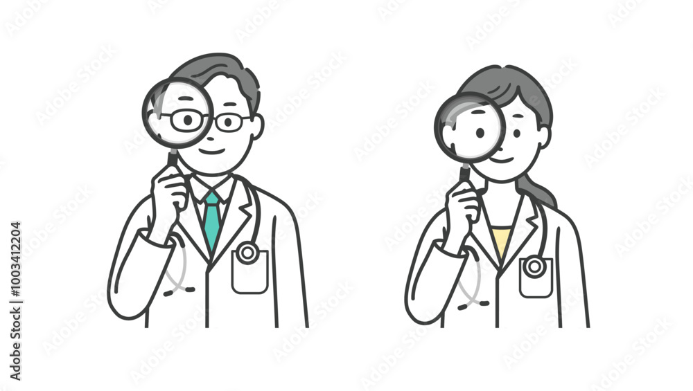 虫眼鏡を持つ医師男女の上半身イラスト
虫眼鏡を持つ医師男女の上半身イラスト