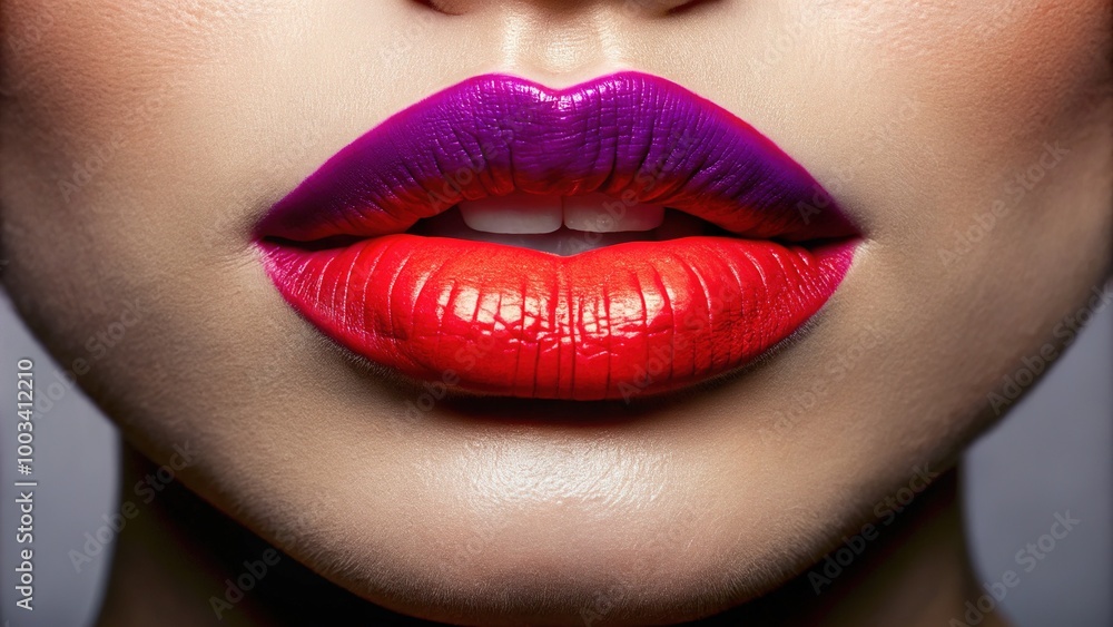 Fototapeta premium A striking close-up of lively lips highlighted by daring lipstick hues, exemplifying the art of beauty and cosmetic expression in vibrant detail.