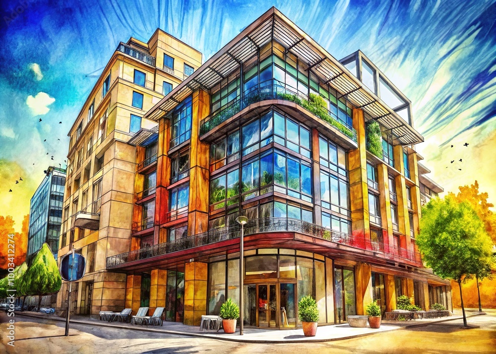 Obraz premium A striking urban building combines innovative design with sustainable materials, featuring green terraces, expansive glass façades,