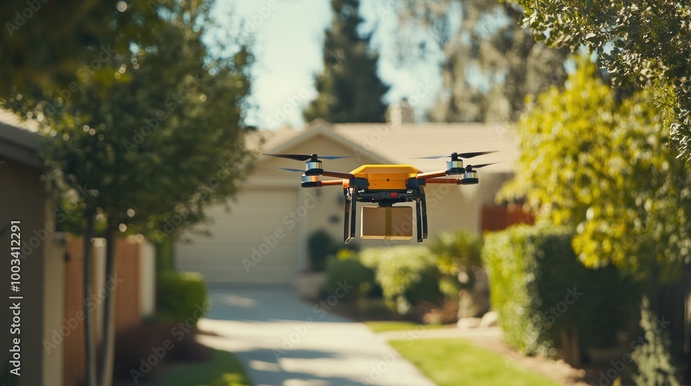 Naklejka premium Drone Delivery in a Suburban Neighborhood