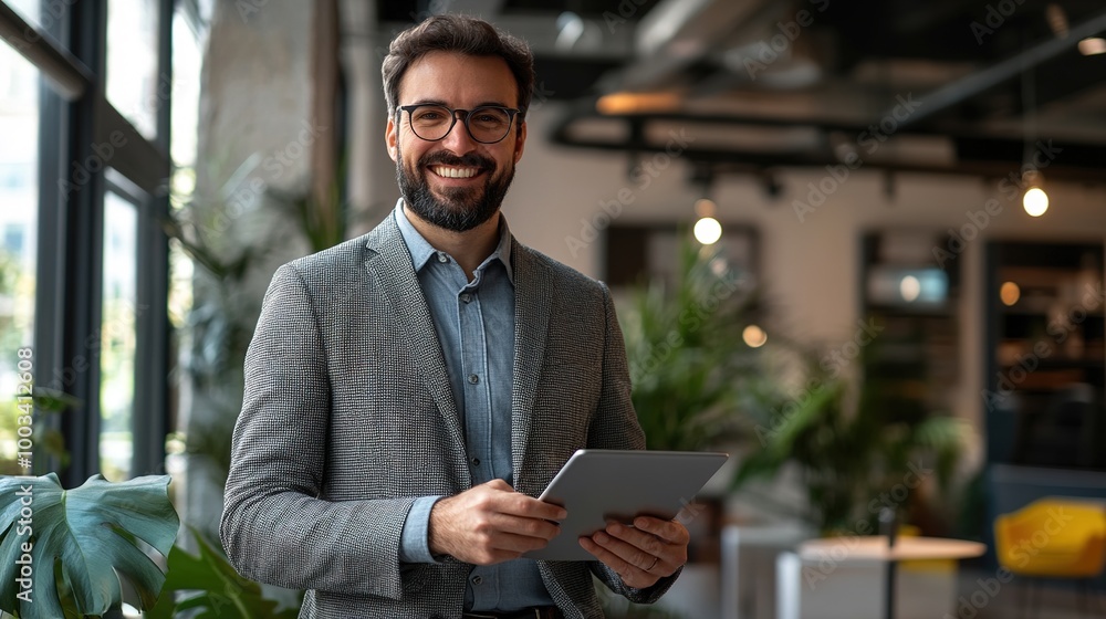 Professional Man Holding Tablet in Modern Office Setting Professional Man Holding Tablet in Modern Office Setting