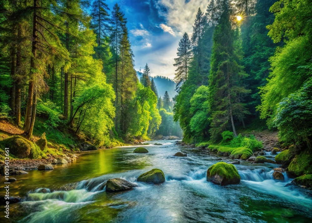 Obraz premium A tranquil river winds through a verdant forest, flanked by towering trees and vibrant flora, creating a peaceful oasis in nature's embrace.