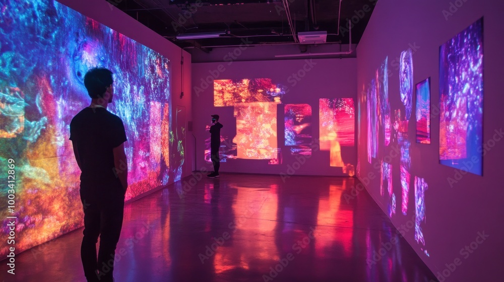 Show an art installation featuring digital projections, interactive elements, and innovative technology. Show an art installation featuring digital projections, interactive elements, and innovative technology.