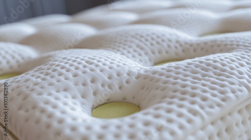 A close-up of a textured, white mattress with an intricate pattern, showcasing its comfort and support features. photo