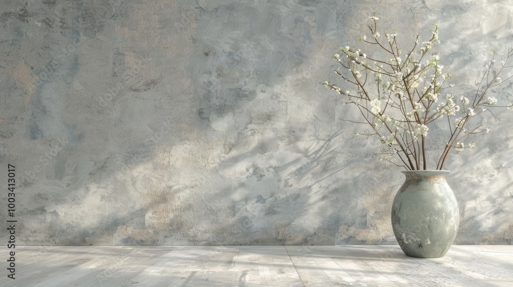 Background of stucco wall and vase decoration with branching plants AI generated image Background of stucco wall and vase decoration with branching plants AI generated image