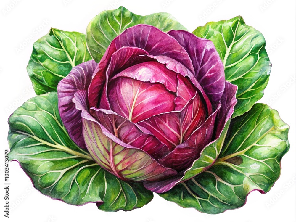 Obraz premium A vivid watercolor sketch of red cabbage showcasing its nutritional benefits while highlighting its bright colors and rich textures, inviting healthy culinary inspiration and appreciation.