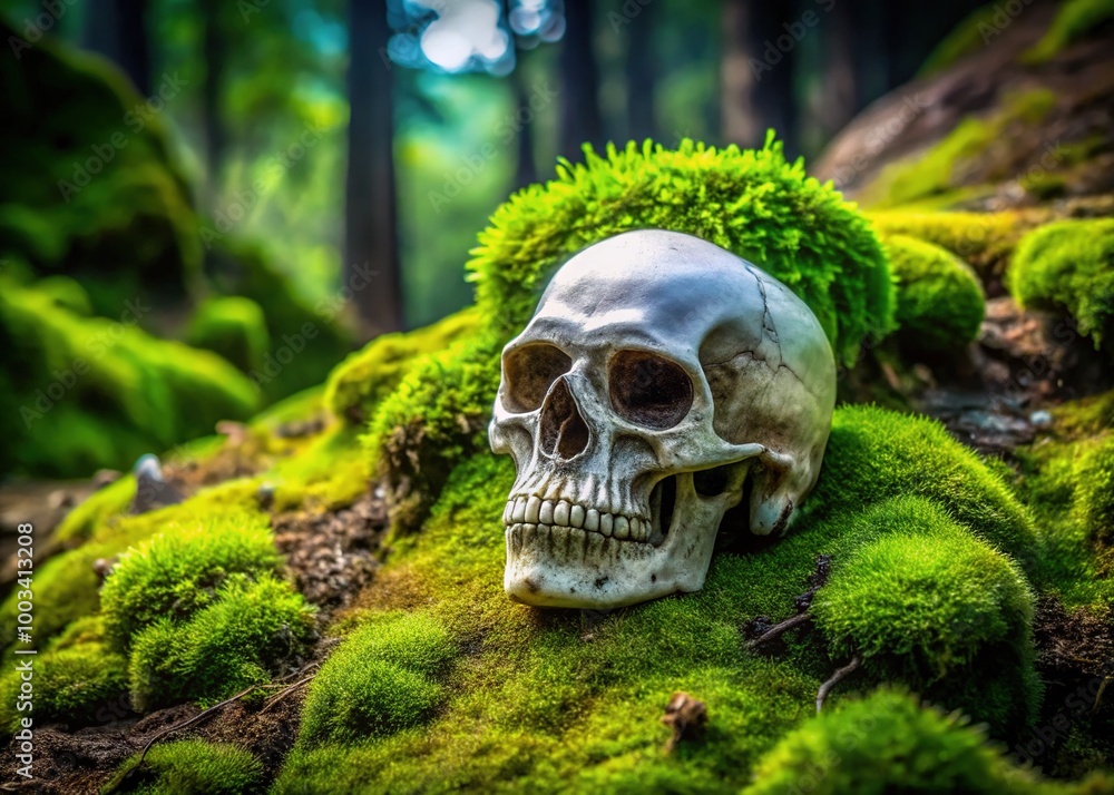 A white skull rests on vibrant green moss, highlighting the captivating contrast between nature's beauty and the inevitability of decay in its surroundings. A white skull rests on vibrant green moss, highlighting the captivating contrast between nature's beauty and the inevitability of decay in its surroundings.