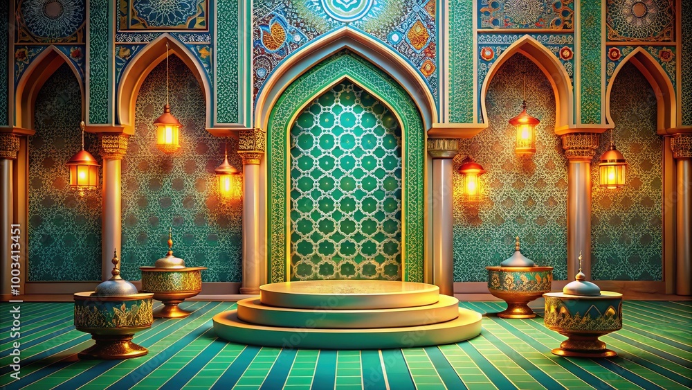 Obraz premium An elegant Islamic backdrop with a podium, perfect for presentations and events, set within a culturally rich environment, enhancing the atmosphere of any gathering.
