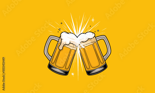 Two beer mugs clinking with foam splashing out