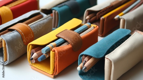 Photograph a collection of unique and stylish pencil cases with a variety of designs and colors, showcasing their functionality and aesthetic appeal 