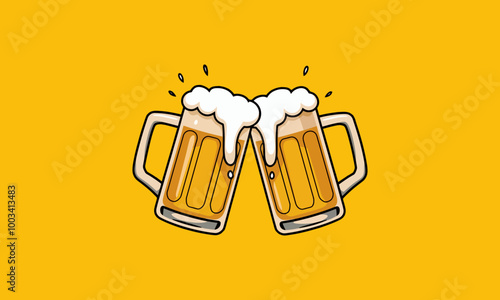 Two beer mugs clinking with foam splashing out