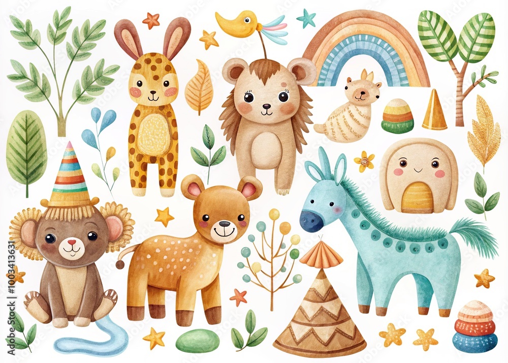 Naklejka premium Boho baby clipart featuring adorable animal toys, perfect for kids' bedroom decor and enhancing Montessori learning environments with charming and playful designs. Ideal for creative projects!